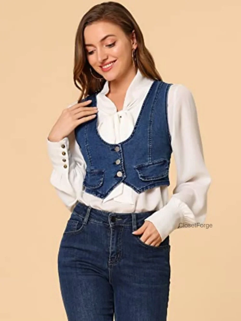 Women's Denim Vest Sleeveless Button Down Cropped Casual Jean Vest